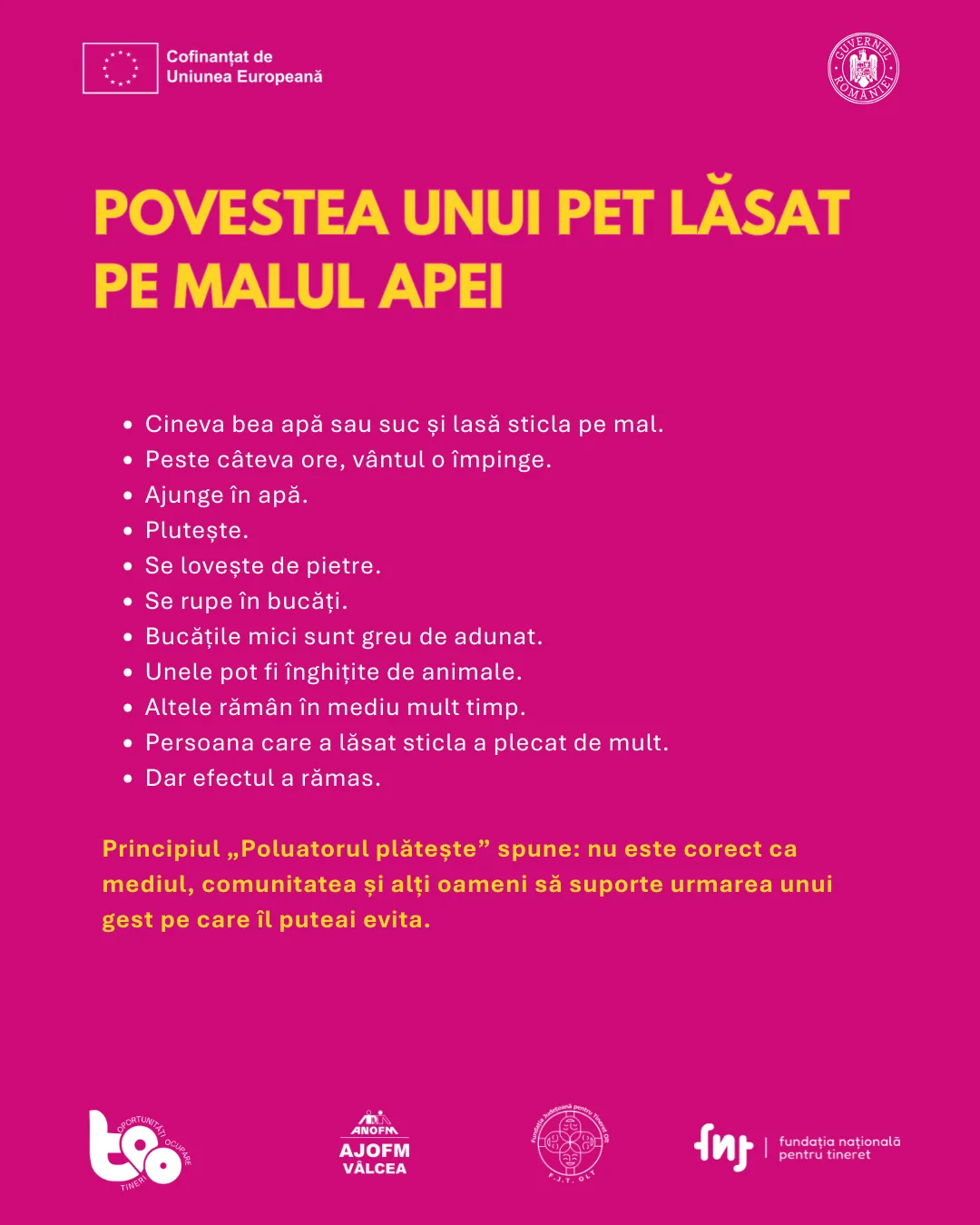 Povestea unui PET lăsat pe malul apei: vântul îl împinge, ajunge în apă și se rupe în bucăți