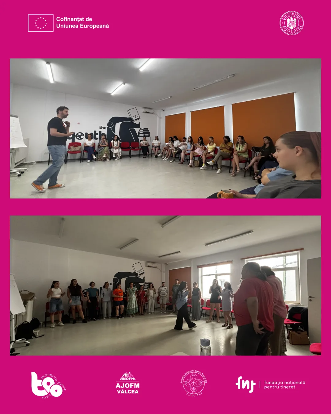 Facilitator prezentând în fața grupului de lucrători de tineret în sala centrului The Youth din București