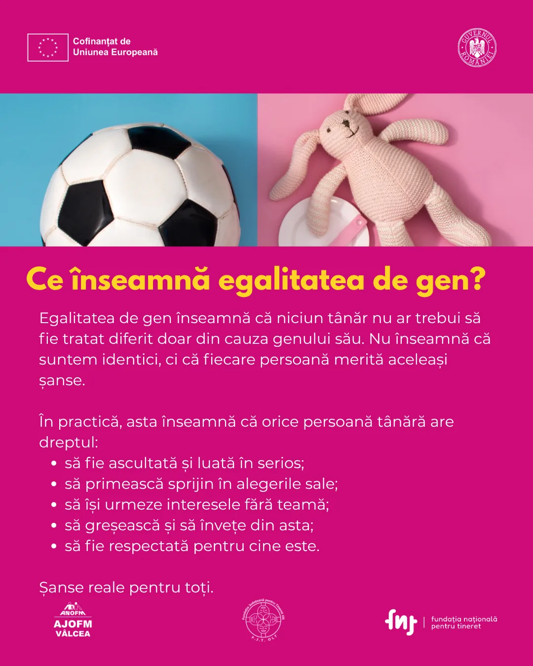 Infografic despre egalitate de gen: ce înseamnă, ilustrat cu o minge de fotbal și un ursuleț de pluș.