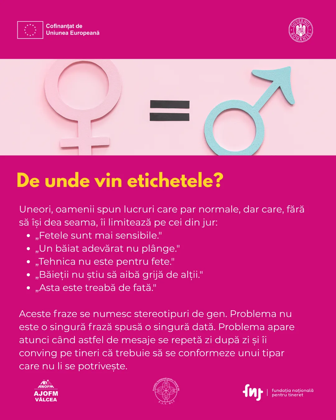 Infografic despre stereotipurile de gen: de unde vin etichete de tipul „fetele sunt sensibile” sau „băieții nu plâng”.