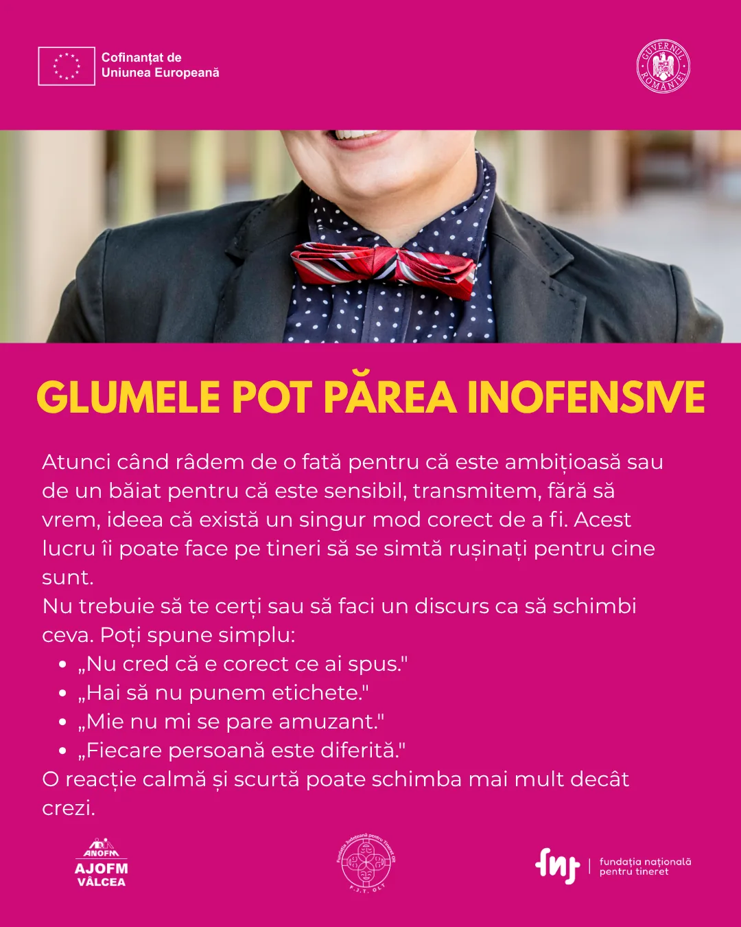 Infografic: glumele care par inofensive pot răni, exemple de reacții calme la stereotipuri de gen.